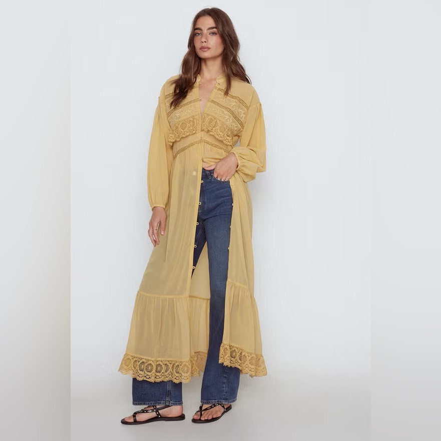 Sheer Lace-Trim Long Duster In Mustard Yellow
